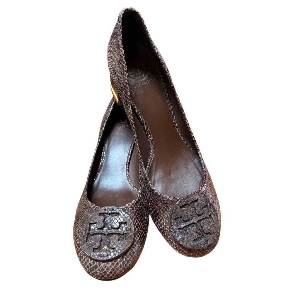 NWOB Tory Burch Amy Brown Snake Skin Leather Block Low Heels 10.5 US